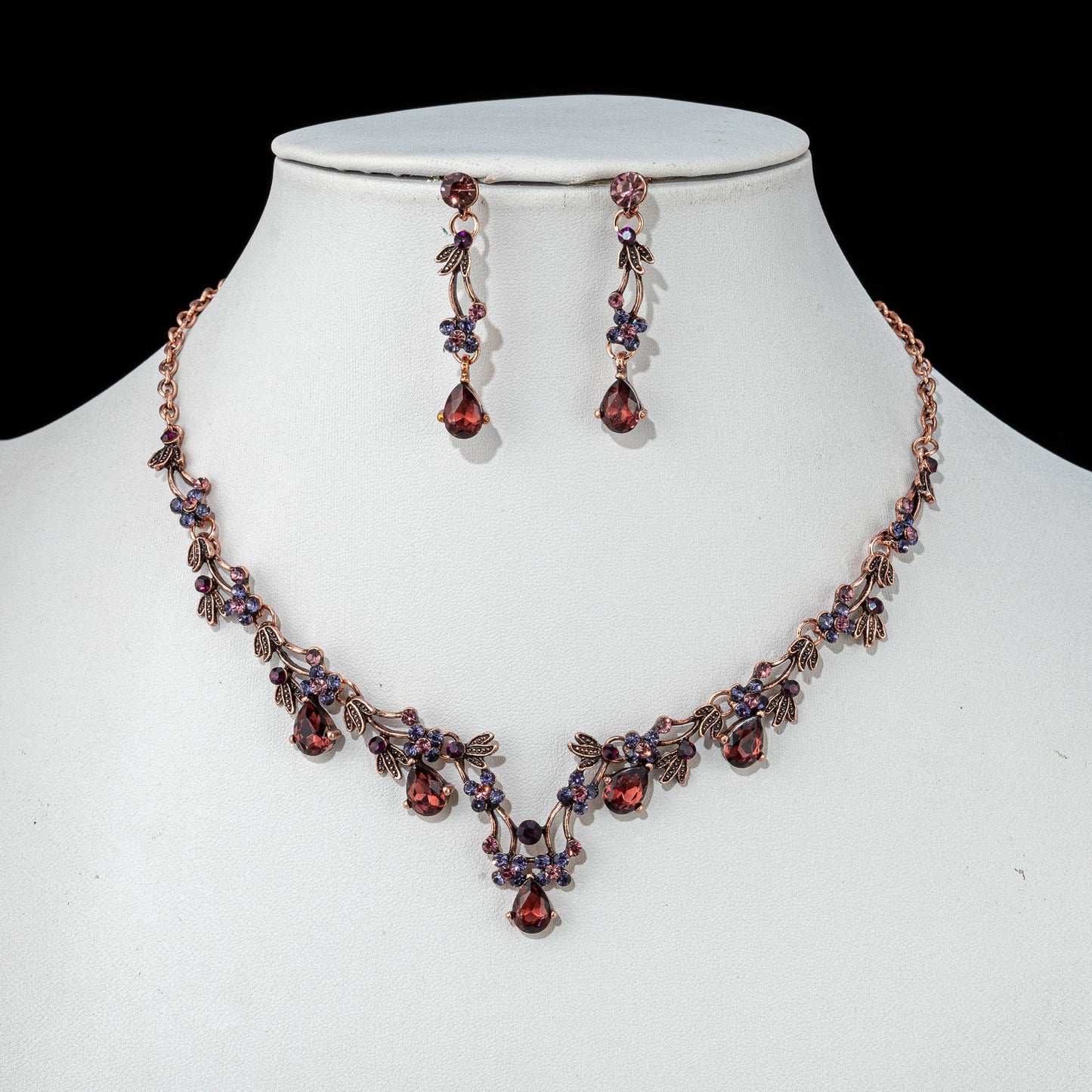 "Elowen" - Burgundy 3-Piece Bridal Jewelry Set With Tiara