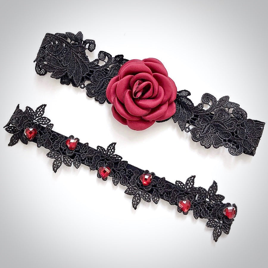 "Bridget" - Black and Burgundy Gothic Bridal Garter Set