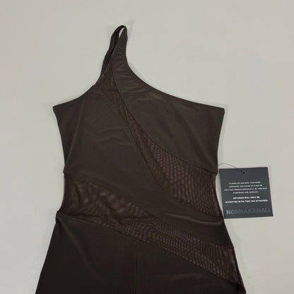 NORMA KAMALI One Shoulder Snake Mesh Catsuit Footsie Women's Sz M/38 Chocolate