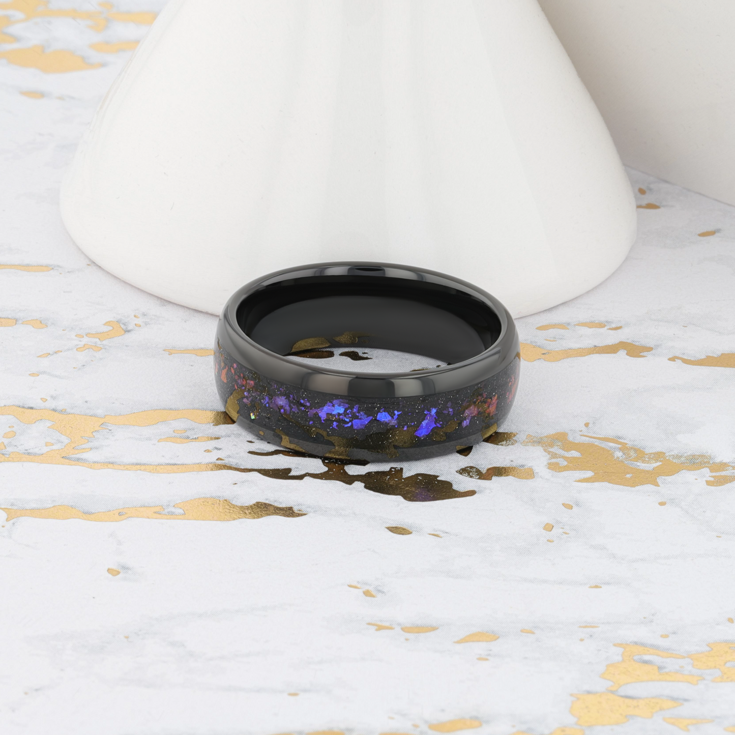 COSMIC Black Tungsten Ring with Crushed Alexandrite and Dark Blue & Purple Crushed Goldstone - 4mm - 8mm