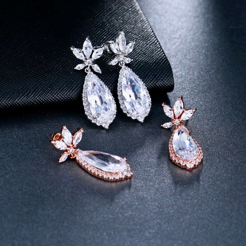 Calista - Cubic Zirconia Bridal Earrings - Available in Rose Gold and Silver