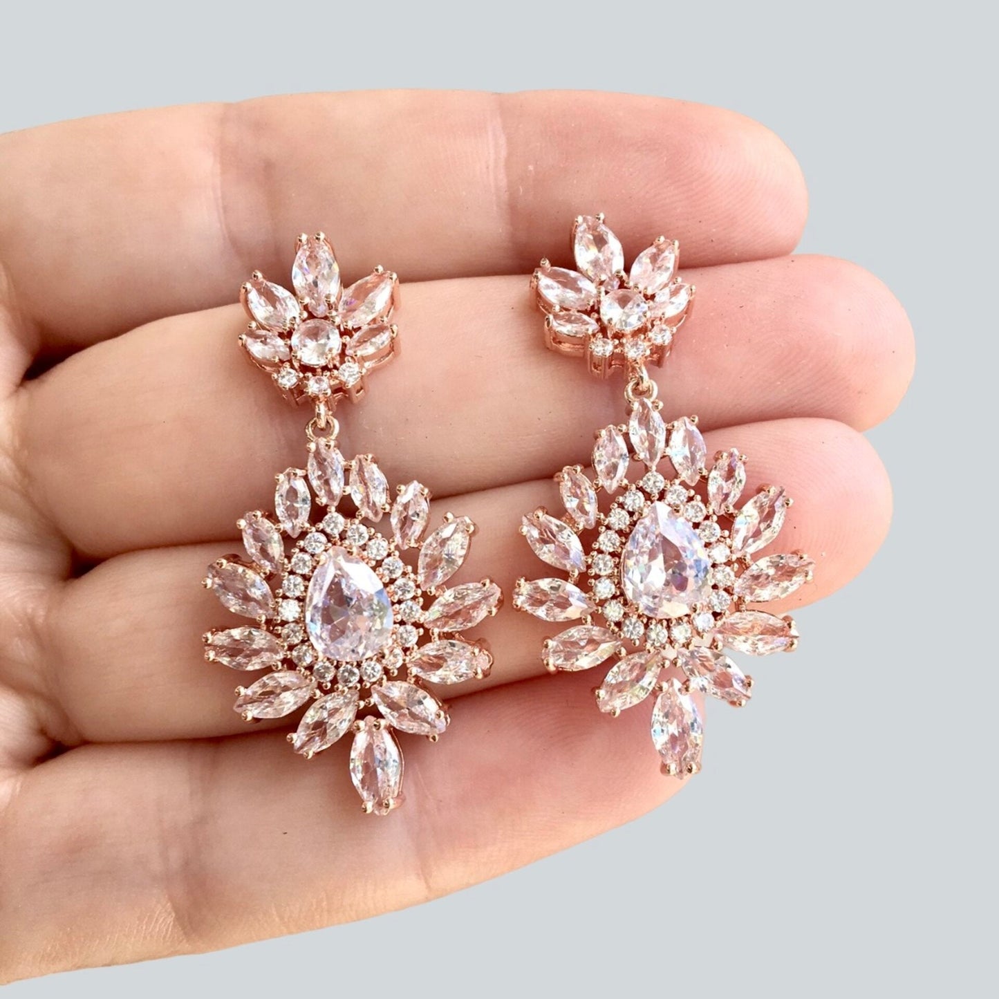 Kassie - Cubic Zirconia Bridal Drop Earrings - Available in Rose Gold and Silver