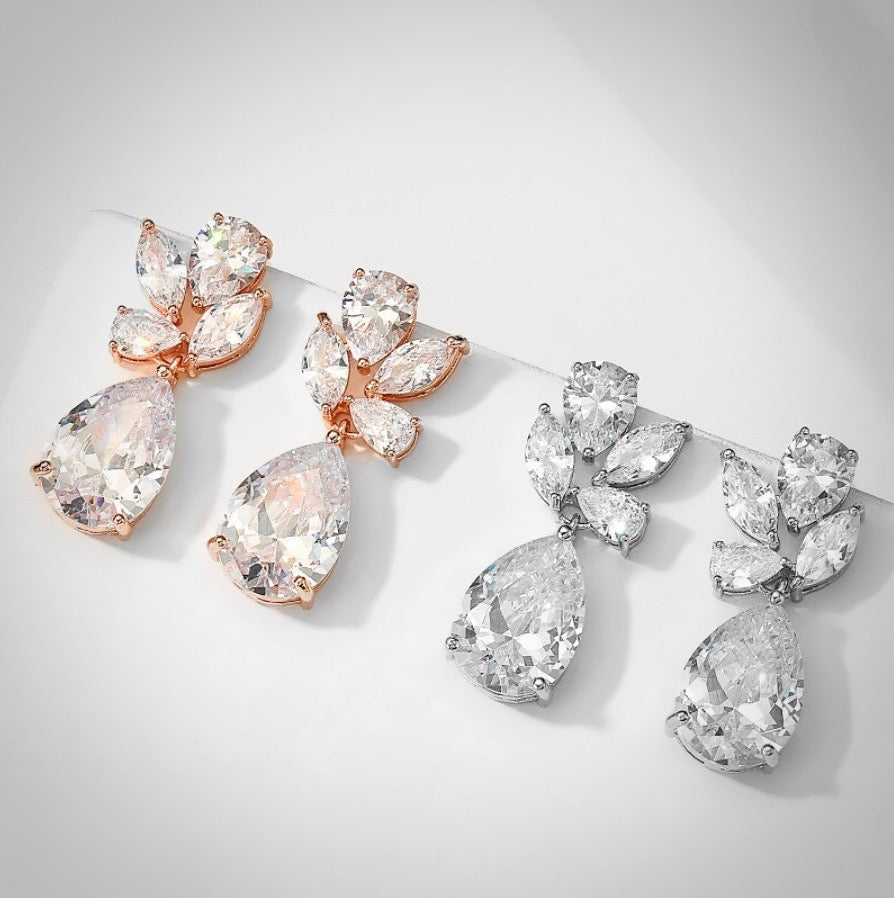 "Arista" - Cubic Zirconia Bridal Drop Earrings - Available in Rose Gold and Silver