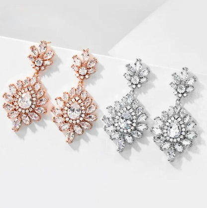 Kassie - Cubic Zirconia Bridal Drop Earrings - Available in Rose Gold and Silver