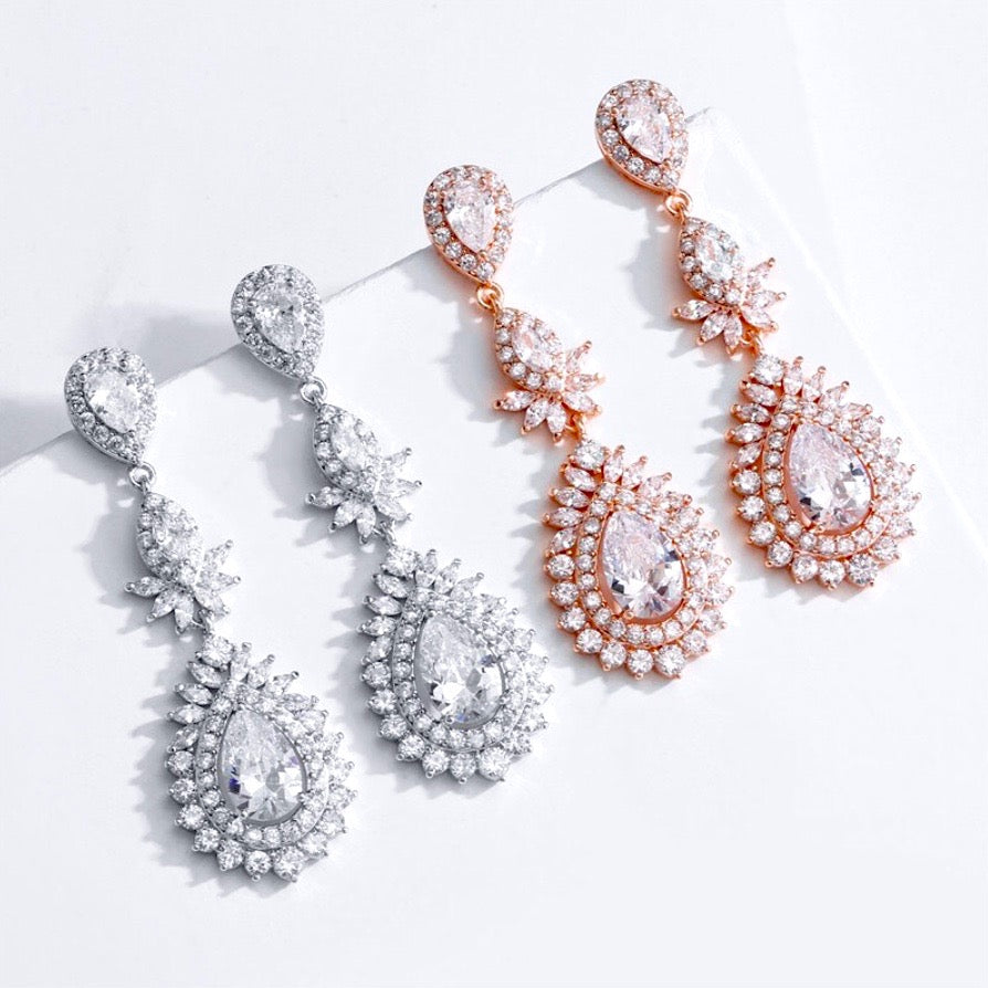 Piper - Cubic Zirconia Bridal Earrings - Available in Rose Gold and Silver