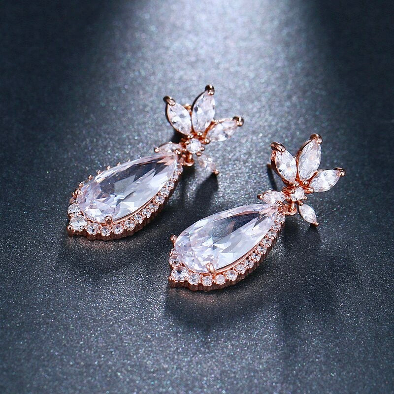 Calista - Cubic Zirconia Bridal Earrings - Available in Rose Gold and Silver