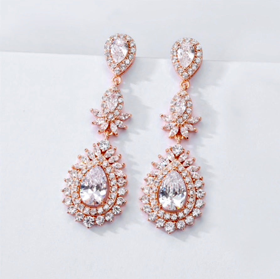 Piper - Cubic Zirconia Bridal Earrings - Available in Rose Gold and Silver
