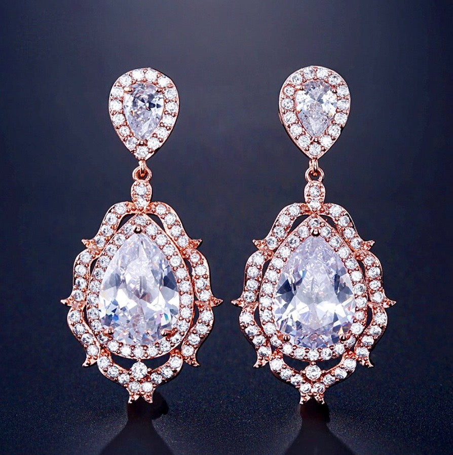 Anise - Cubic Zirconia Bridal Drop Earrings - Available in Silver and Rose Gold