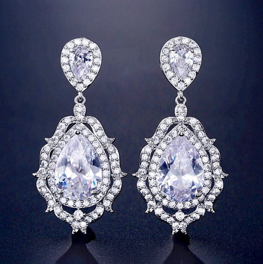 Anise - Cubic Zirconia Bridal Drop Earrings - Available in Silver and Rose Gold