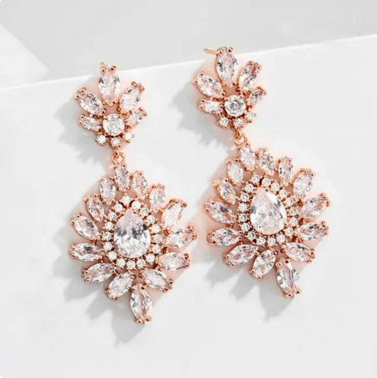 Kassie - Cubic Zirconia Bridal Drop Earrings - Available in Rose Gold and Silver