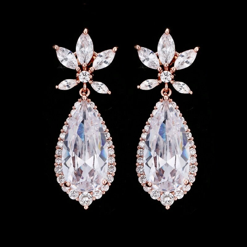 Calista - Cubic Zirconia Bridal Earrings - Available in Rose Gold and Silver