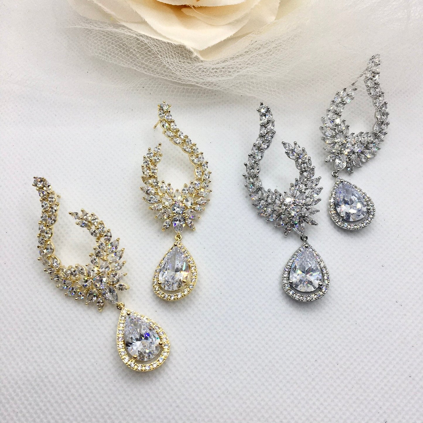 Glenda - Cubic Zirconia Bridal Earrings - Available in Silver and Gold