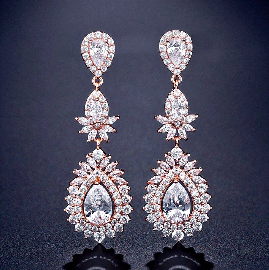 Piper - Cubic Zirconia Bridal Earrings - Available in Rose Gold and Silver