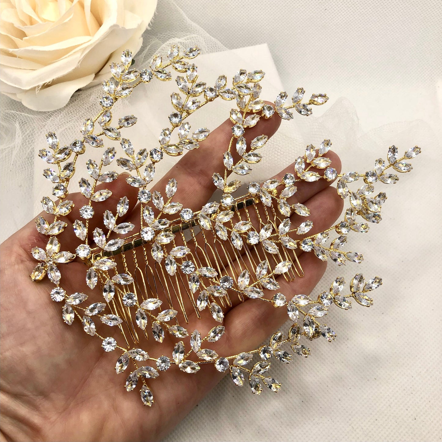 Lilou - Cubic Zirconia Bridal Hair Comb - Available in Silver and Yellow Gold