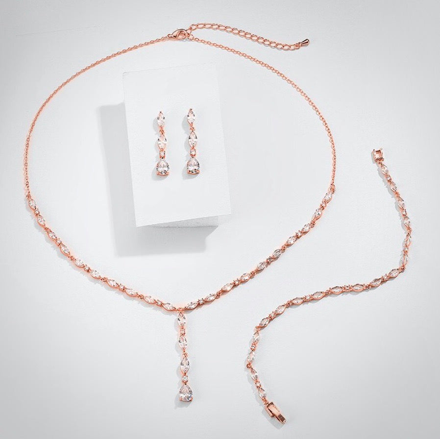 Elmira - Silver Cubic Zirconia Bridal Three-Piece Jewelry Set - Available in Silver and Rose Gold