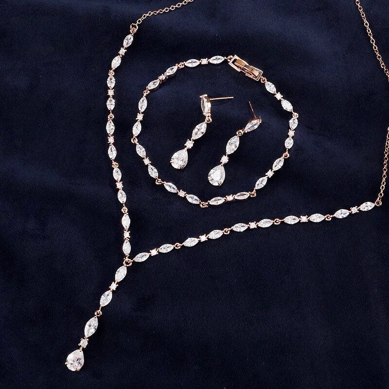 Elmira - Silver Cubic Zirconia Bridal Three-Piece Jewelry Set - Available in Silver and Rose Gold