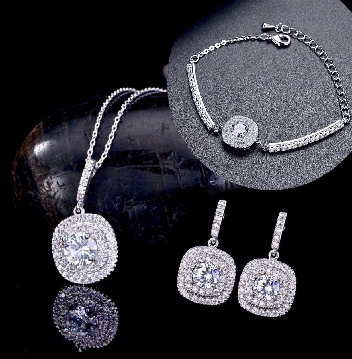"Margot" - Silver Cubic Zirconia Bridal Three-Piece Jewelry Set