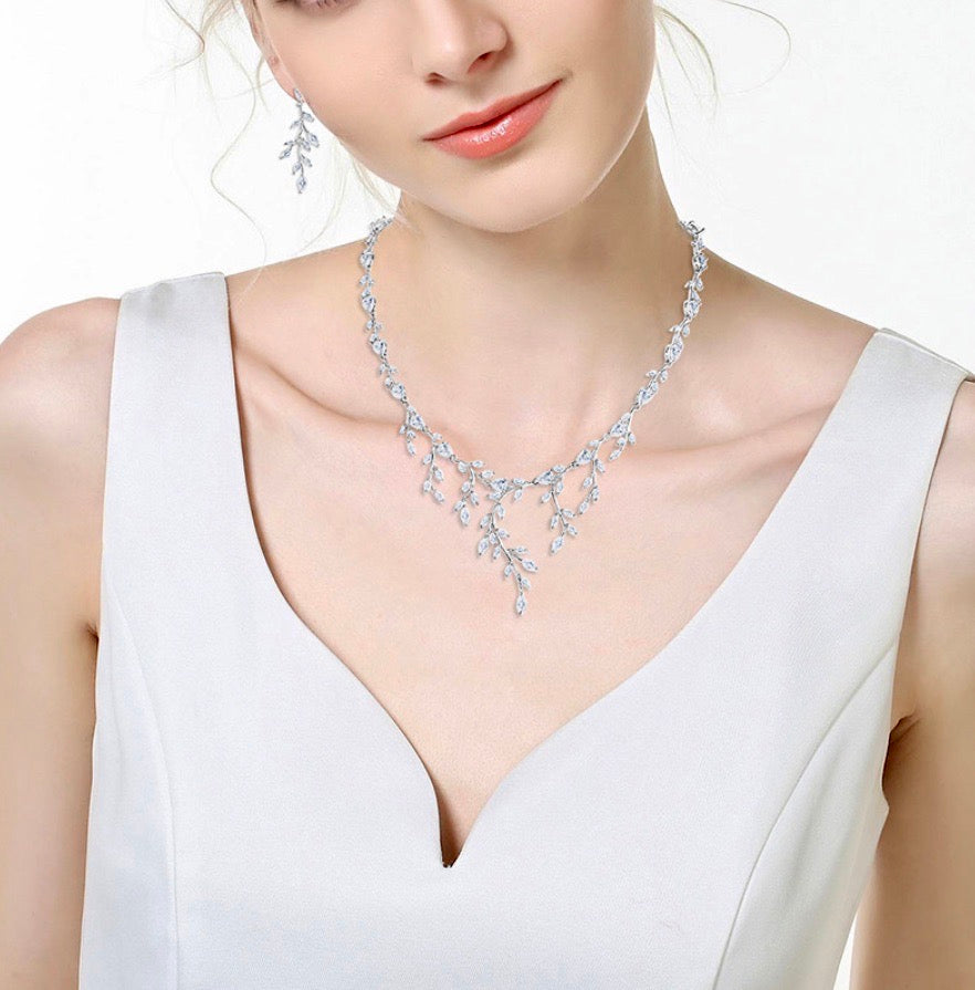 Elona - CZ Vine Bridal Jewelry Set - Available in Silver, Rose Gold and Yellow Gold