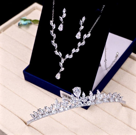 Ivelina - Silver Cubic Zirconia 3-Piece Bridal Jewelry Set With Tiara