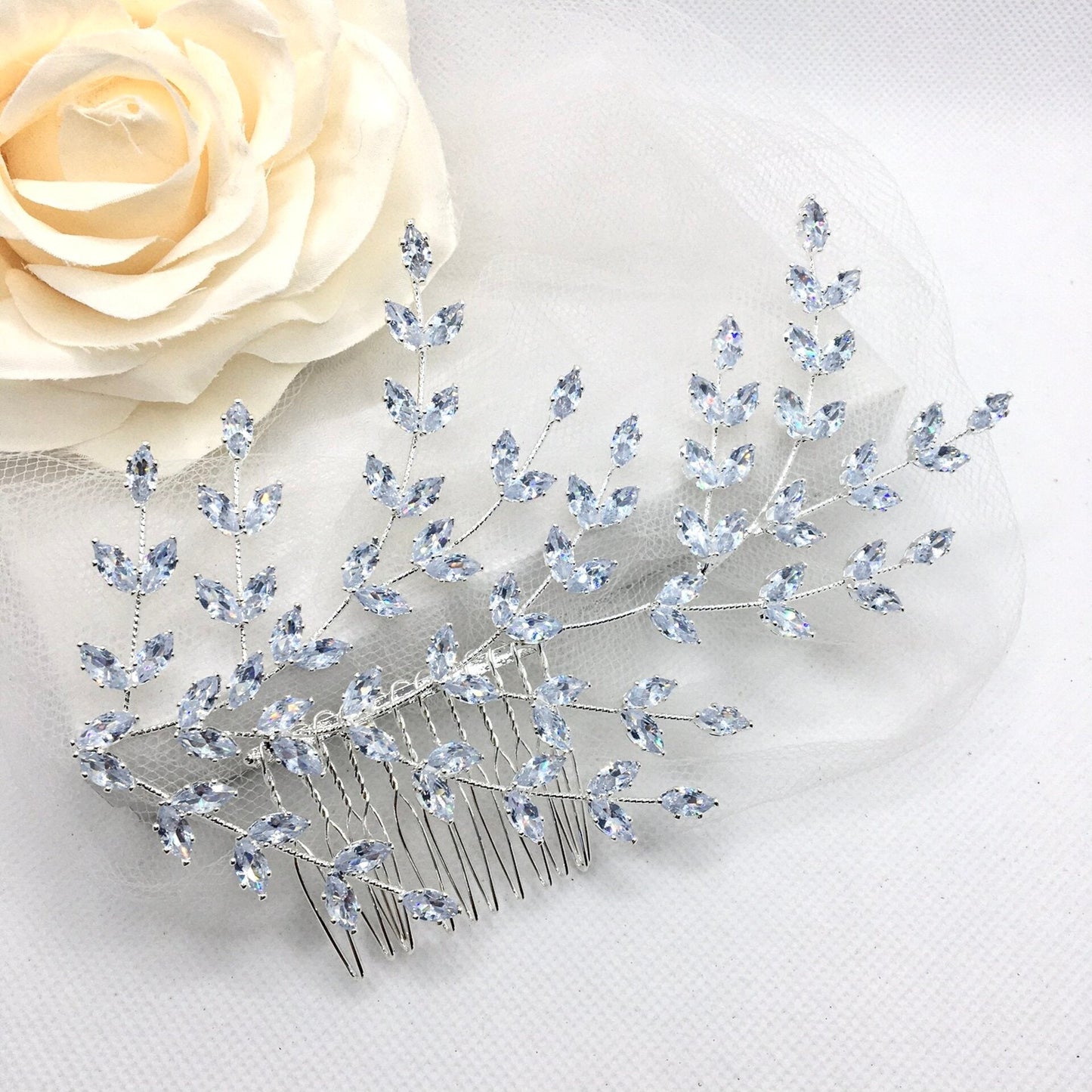 Florencia - CZ Bridal Side Hair Comb - Available in Silver, Rose Gold and Yellow Gold