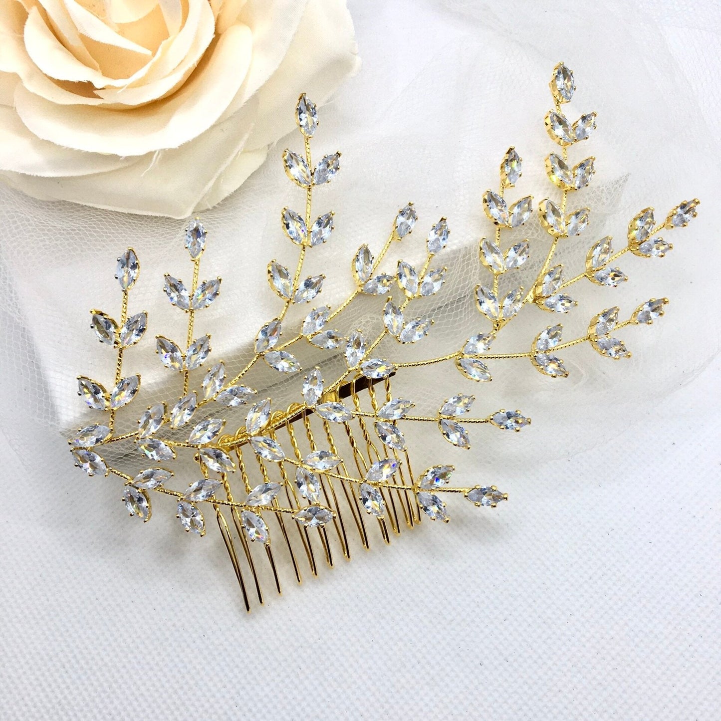Florencia - CZ Bridal Side Hair Comb - Available in Silver, Rose Gold and Yellow Gold