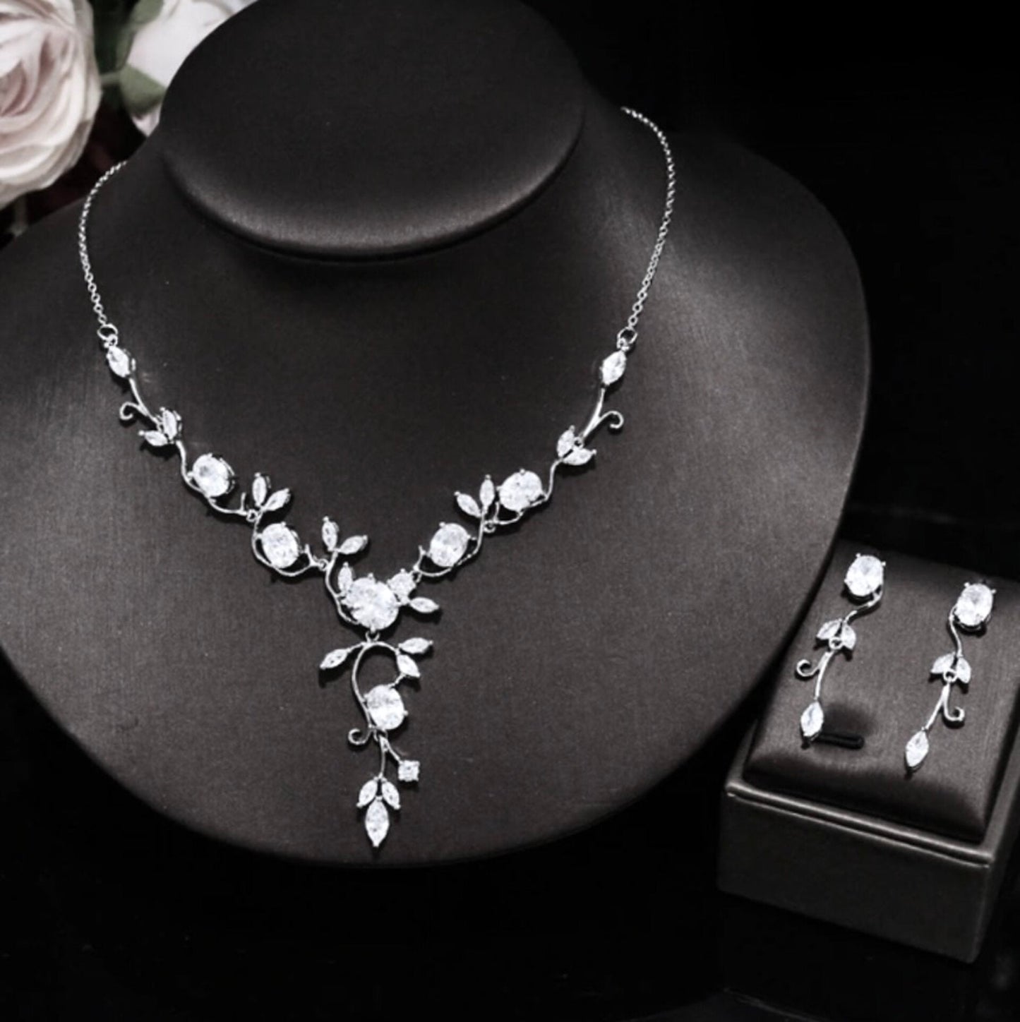 Edwina - Cubic Zirconia Silver Vine Bridal Jewelry Set