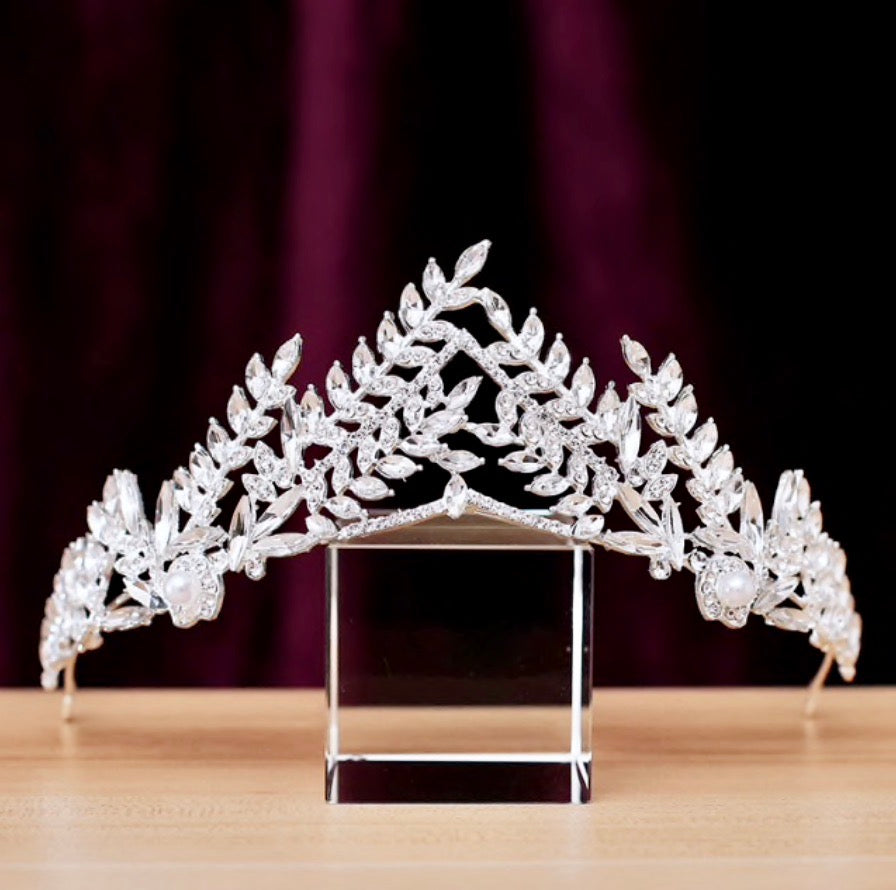 Adrianna - Silver Pearl and Cubic Zirconia Bridal Tiara