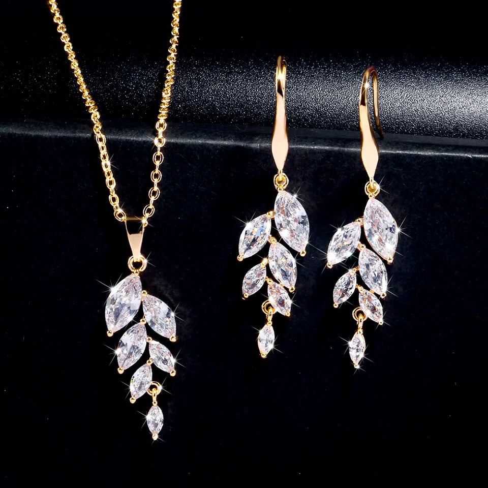 Leaves - Cubic Zirconia Bridal Jewelry Set - Available in Silver, Rose Gold and Yellow Gold