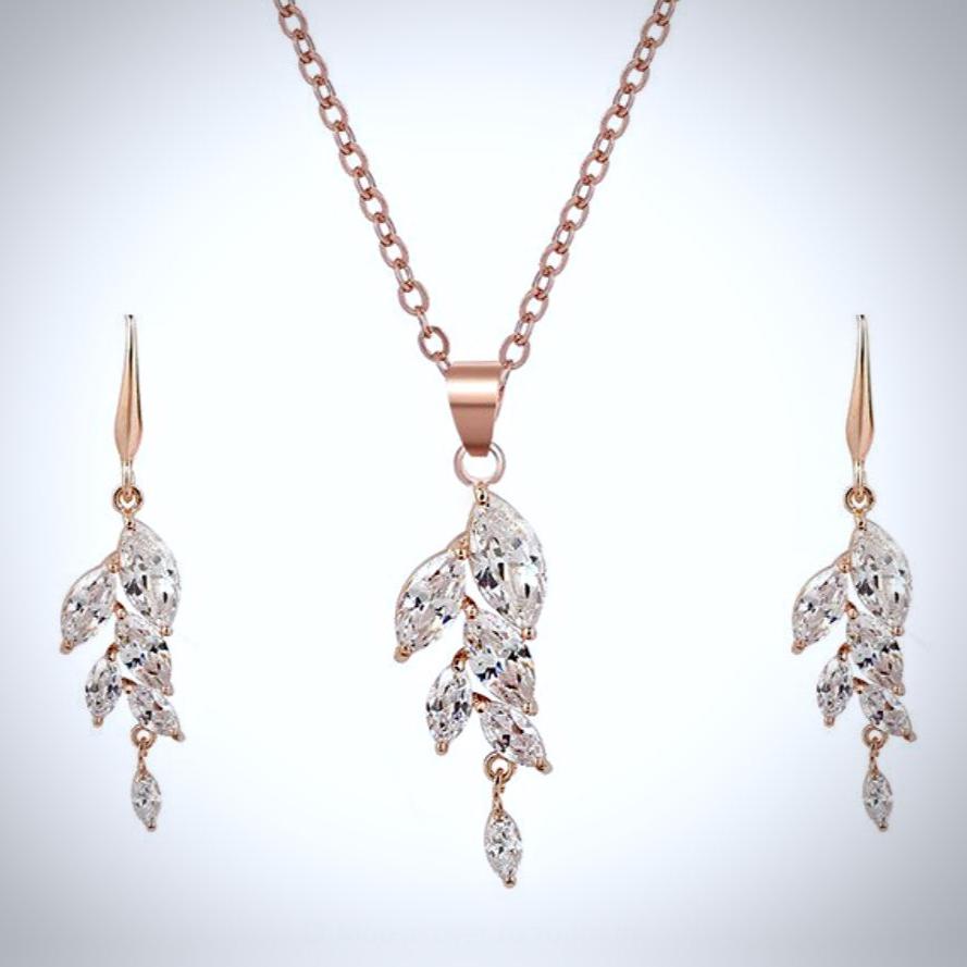 Leaves - Cubic Zirconia Bridal Jewelry Set - Available in Silver, Rose Gold and Yellow Gold