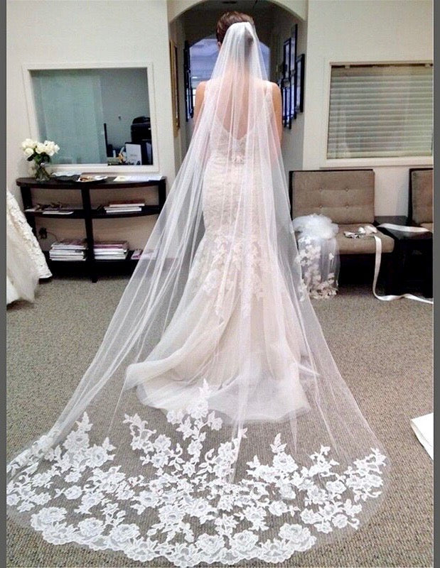 "Cianna" - Lace Edge Cathedral Bridal Veil - Available in White and Ivory