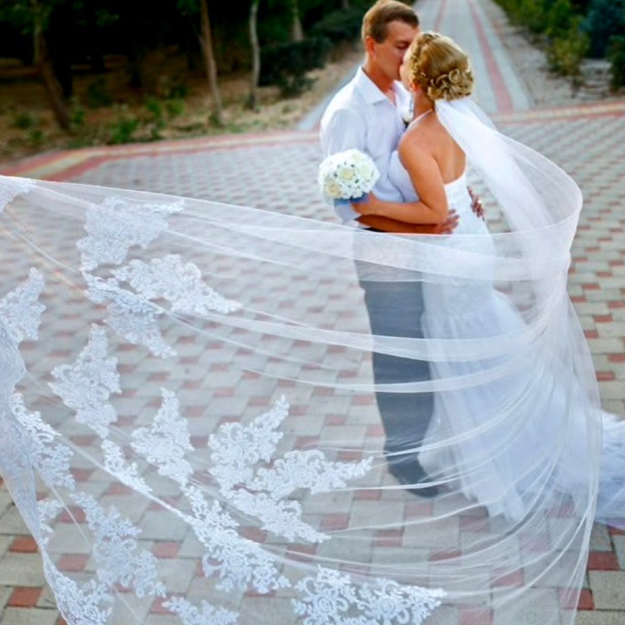 "Cianna" - Lace Edge Cathedral Bridal Veil - Available in White and Ivory