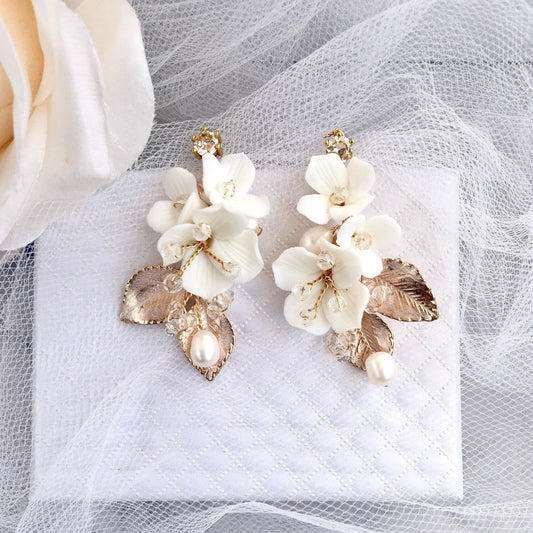 McKenna - Ceramic Flowers Bridal Earrings - Available in Gold and Silver