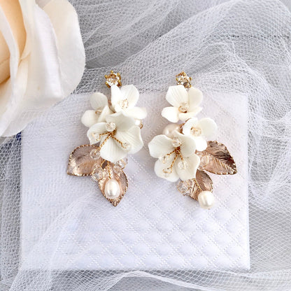 McKenna - Ceramic Flowers Bridal Hair Comb and Earrings Set - Available in Gold and Silver