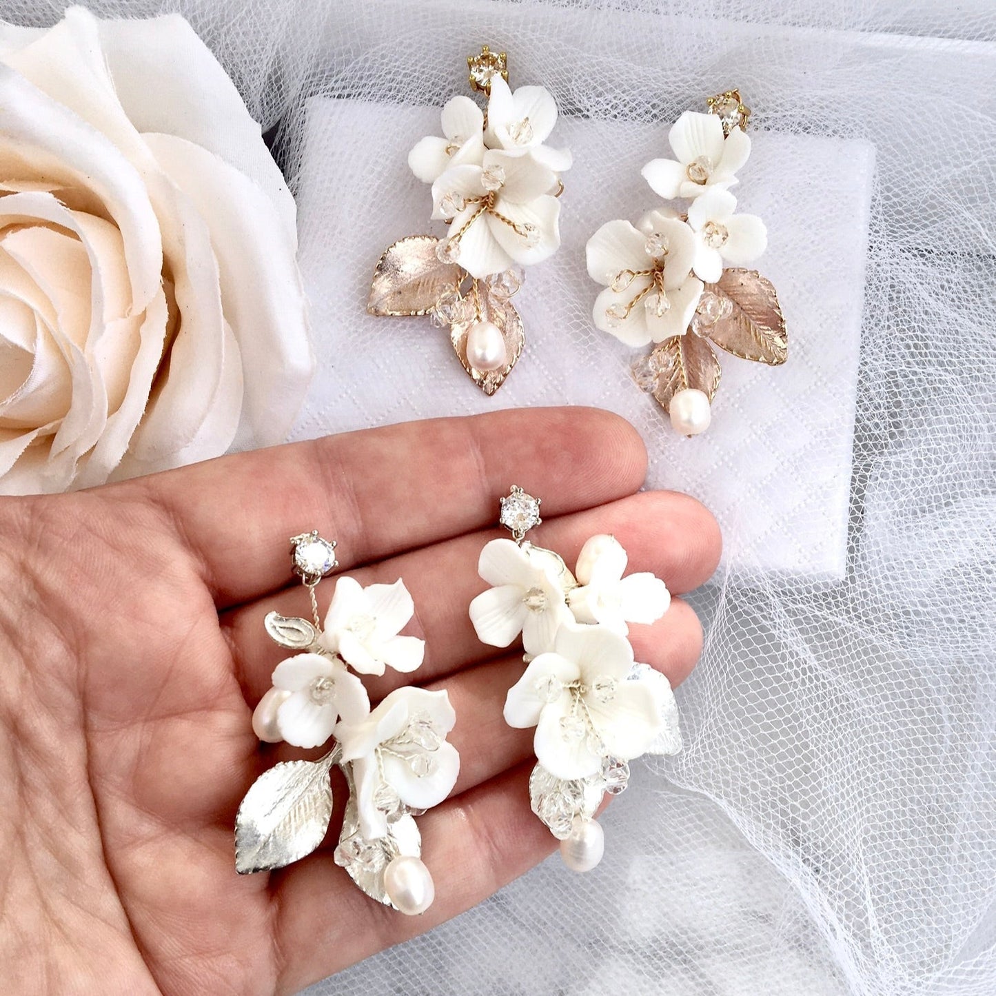 McKenna - Ceramic Flowers Bridal Hair Comb and Earrings Set - Available in Gold and Silver