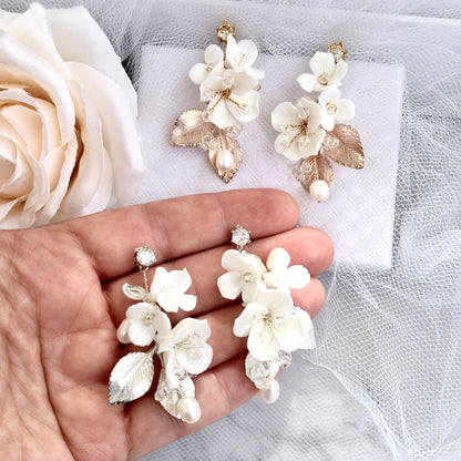 McKenna - Ceramic Flowers Bridal Hair Comb and Earrings Set - Available in Gold and Silver