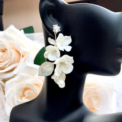 McKenna - Ceramic Flowers Bridal Hair Comb and Earrings Set - Available in Gold and Silver