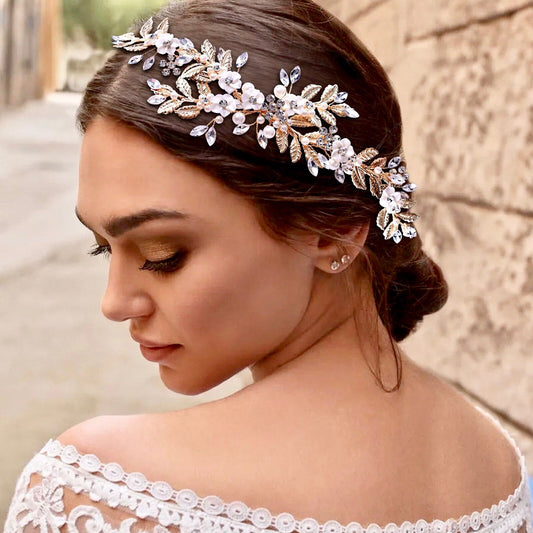 Kalena - Ceramic Flowers Bridal Hair Comb / Vine - Available in Gold and Silver