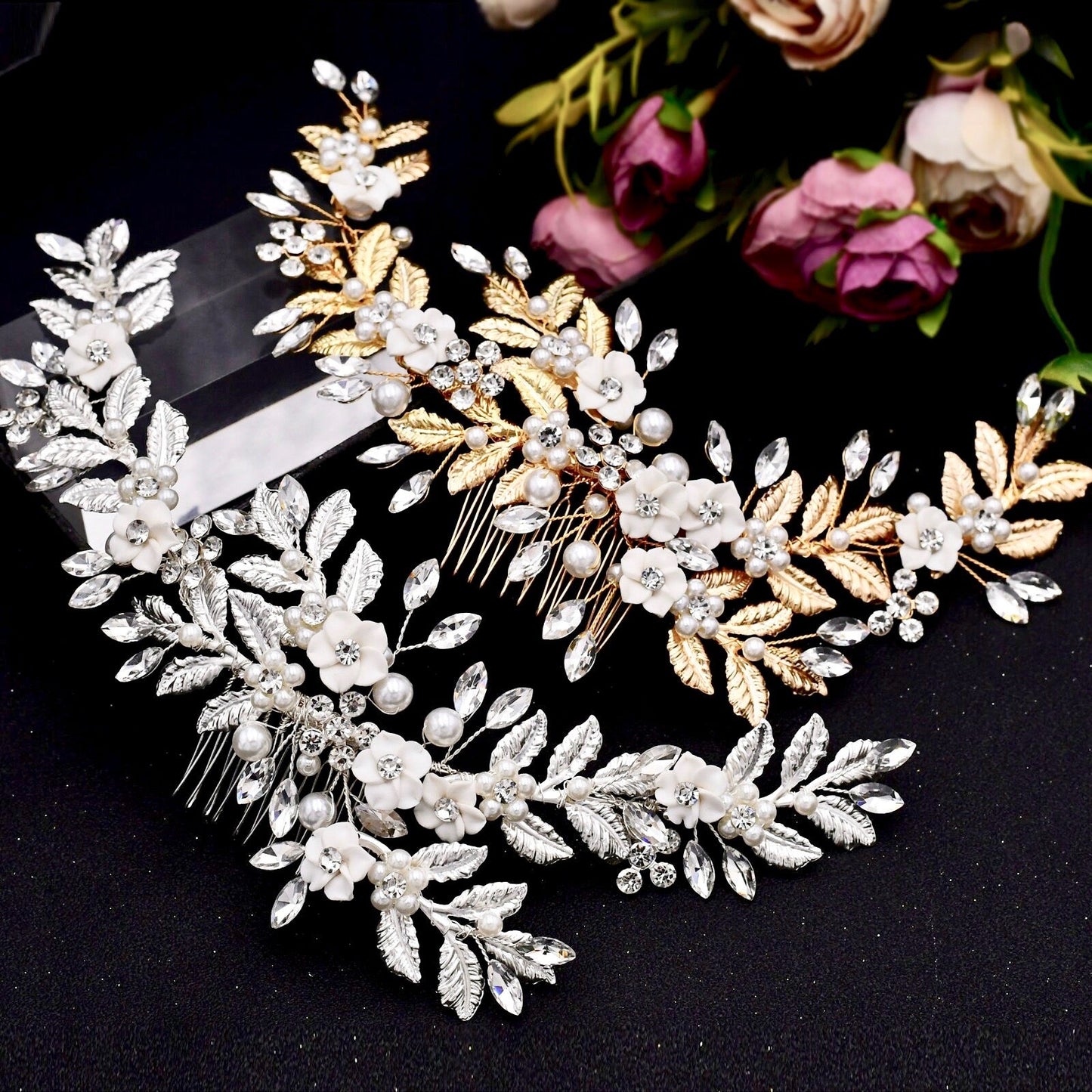 Kalena - Ceramic Flowers Bridal Hair Comb / Vine - Available in Gold and Silver