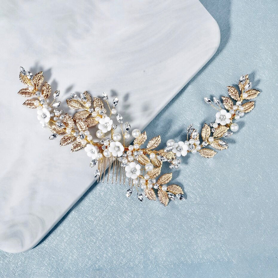 Kalena - Ceramic Flowers Bridal Hair Comb / Vine - Available in Gold and Silver