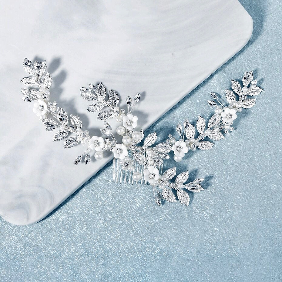 Kalena - Ceramic Flowers Bridal Hair Comb / Vine - Available in Gold and Silver