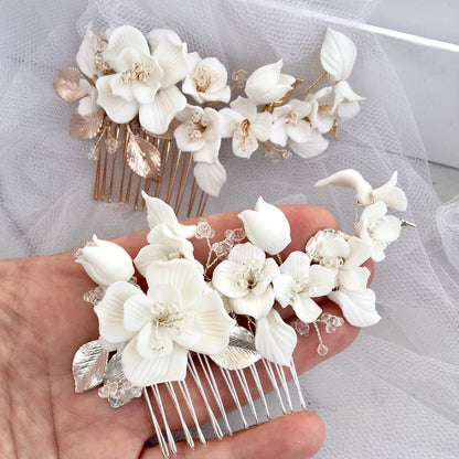 McKenna - Ceramic Flowers Bridal Hair Comb and Earrings Set - Available in Gold and Silver