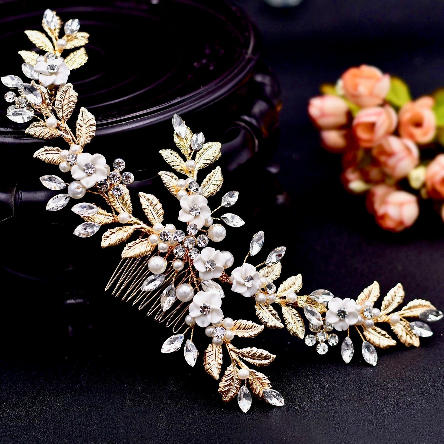 Kalena - Ceramic Flowers Bridal Hair Comb / Vine - Available in Gold and Silver