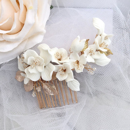 McKenna - Ceramic Flowers Bridal Hair Comb and Earrings Set - Available in Gold and Silver