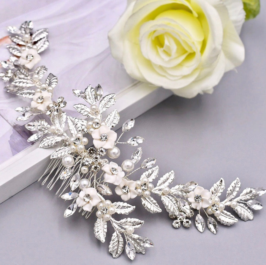 Kalena - Ceramic Flowers Bridal Hair Comb / Vine - Available in Gold and Silver