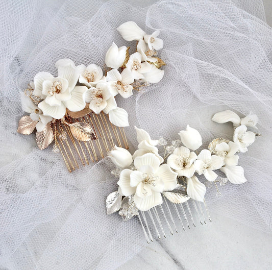 McKenna - Ceramic Flowers Bridal Hair Comb - Available in Gold and Silver