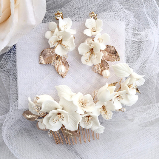 McKenna - Ceramic Flowers Bridal Hair Comb and Earrings Set - Available in Gold and Silver
