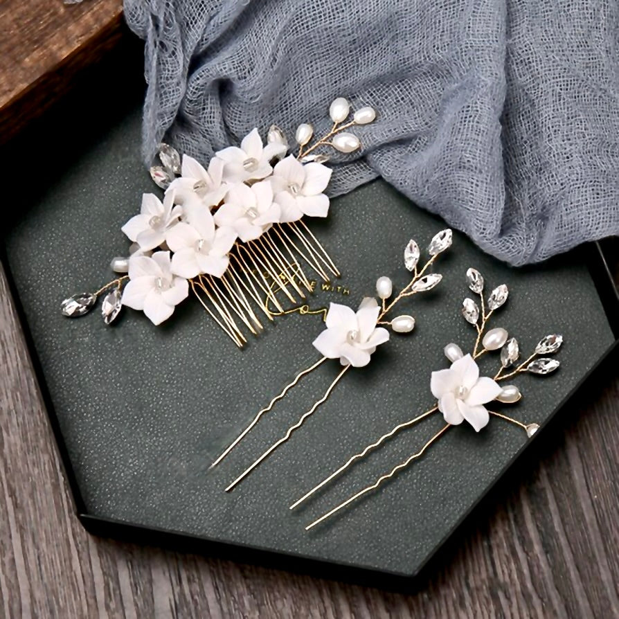 Kalyana - Gold Ceramic Flowers Bridal Hair Comb and Pins Set