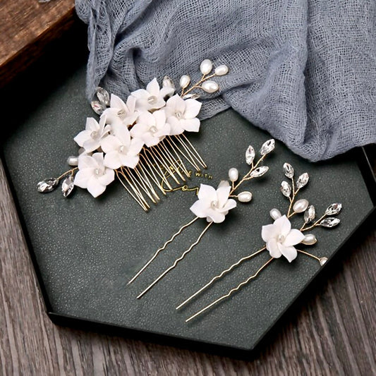 Kalyana - Gold Ceramic Flowers Bridal Hair Comb and Pins Set