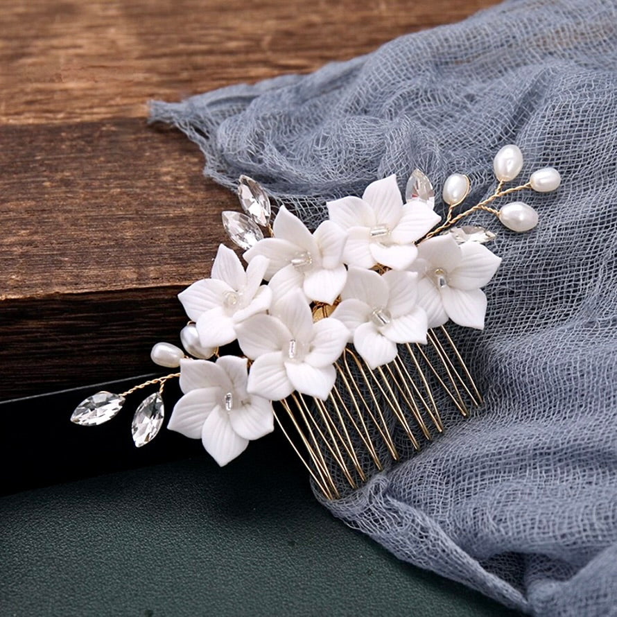 Kalyana - Gold Ceramic Flowers Bridal Hair Comb and Pins Set