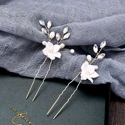 Kalyana - Gold Ceramic Flowers Bridal Hair Comb and Pins Set